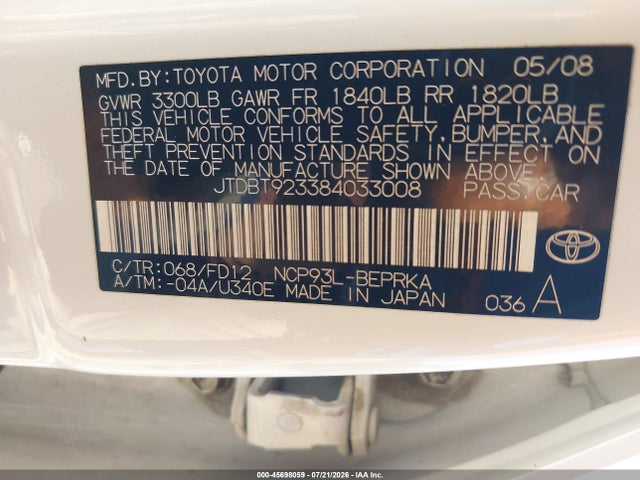 Продажа на аукционе авто 2008 Toyota Yaris, vin: JTDBT923384033008, номер лота: 45698059