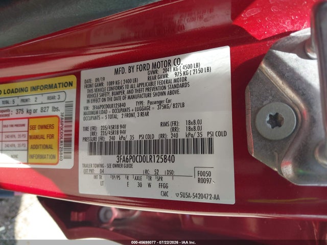Продажа на аукционе авто 2020 Ford Fusion Sel, vin: 3FA6P0CD0LR125840, номер лота: 45698077