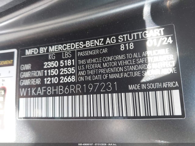 Продаж на аукціоні авто 2024 Mercedes-benz Amg C 43 4matic, vin: W1KAF8HB6RR197231, номер лоту: 45698107