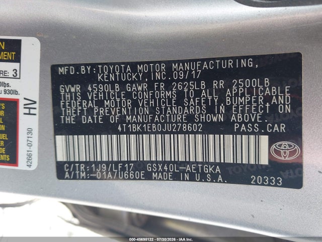 4T1BK1EB0JU278602 Toyota Avalon Xle Premium