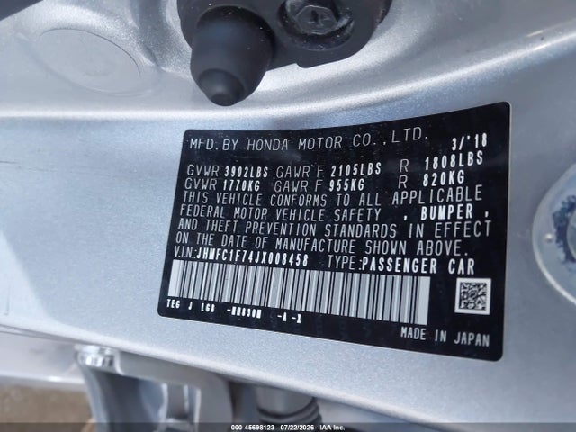 45698123 :رقم المزاد ، JHMFC1F74JX008458 vin ، 2018 Honda Civic Ex-l مزاد بيع