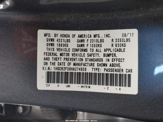 1HGCR2F56HA274909 Honda Accord Sport