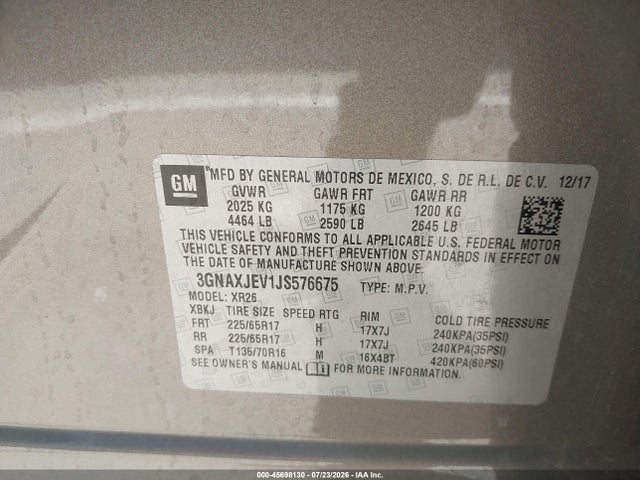 2018 Chevrolet Equinox Lt მანქანა იყიდება აუქციონზე, vin: 3GNAXJEV1JS576675, აუქციონის ნომერი: 45698130