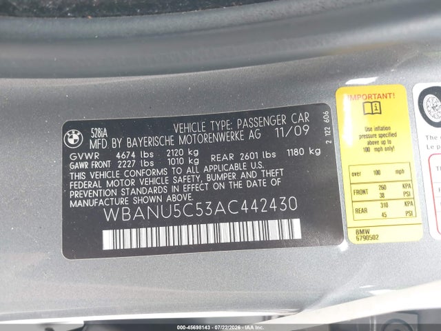 Продаж на аукціоні авто 2010 Bmw 528i, vin: WBANU5C53AC442430, номер лоту: 45698143