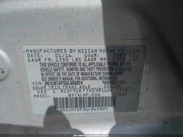 Nissan Versa 1.6 S 2016 3N1CN7AP3GL865824 Image 9