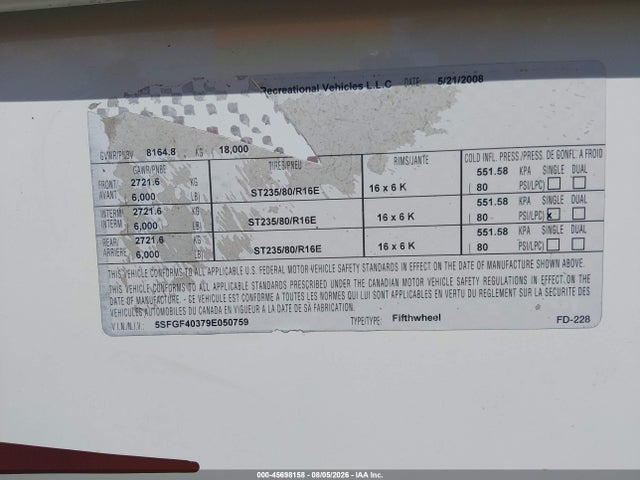 Продажа на аукционе авто 2009 Heartland Travel Trlr, vin: 5SFGF40379E050759, номер лота: 45698158