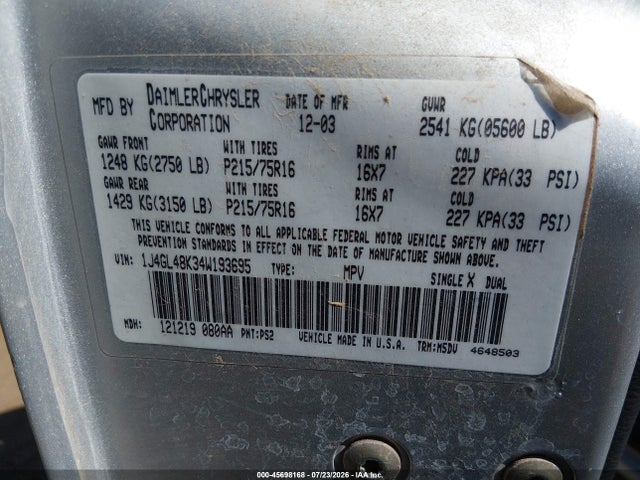 Продаж на аукціоні авто 2004 Jeep Liberty Sport, vin: 1J4GL48K34W193695, номер лоту: 45698168