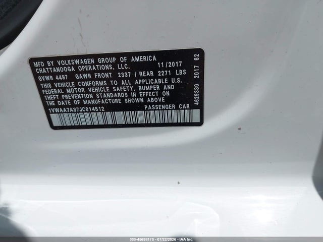 45698170 :رقم المزاد ، 1VWAA7A37JC014512 vin ، 2018 Volkswagen Passat 2.0t R-line/2.0t S مزاد بيع