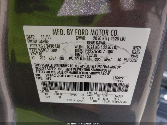 2012 Ford Escape Limited მანქანა იყიდება აუქციონზე, vin: 1FMCU0EG0CKB27133, აუქციონის ნომერი: 45698178