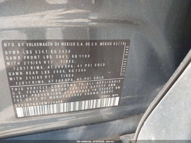 Продажа на аукционе авто 2019 Volkswagen Tiguan 2.0t Se/2.0t Sel/2.0t Sel R-line/2.0t Sel R-line Black, vin: 3VV2B7AX1KM120088, номер лота: 45698185