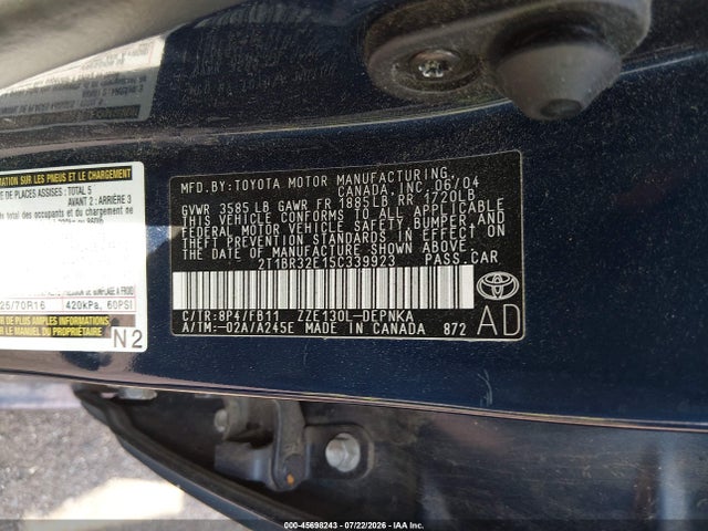 Auction sale of the 2005 Toyota Corolla Le, vin: 2T1BR32E15C339923, lot number: 45698243