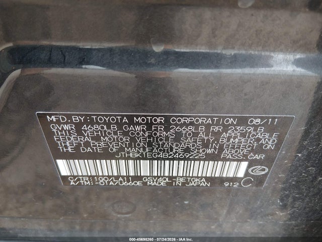 Aukcja sprzedaży 2011 Lexus Es 350, vin: JTHBK1EG4B2469225, numer aukcji: 45698260