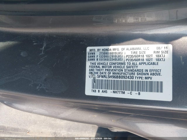 2011 Honda Odyssey Touring/touring Elite მანქანა იყიდება აუქციონზე, vin: 5FNRL5H96BB092430, აუქციონის ნომერი: 45698262