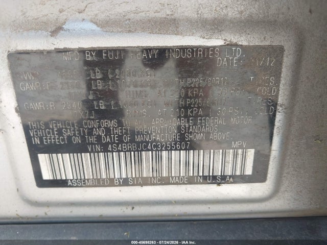 45698263 :رقم المزاد ، 4S4BRBJC4C3255607 vin ، 2012 Subaru Outback 2.5i Limited مزاد بيع