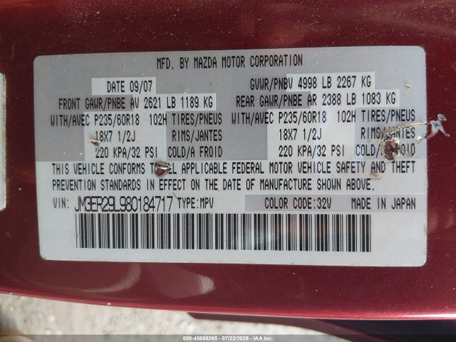 45698265 :رقم المزاد ، JM3ER29L980184717 vin ، 2008 Mazda Cx-7 Grand Touring مزاد بيع