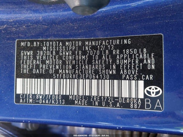 45698268 :رقم المزاد ، 5YFBURHE3EP064130 vin ، 2014 Toyota Corolla S Plus مزاد بيع