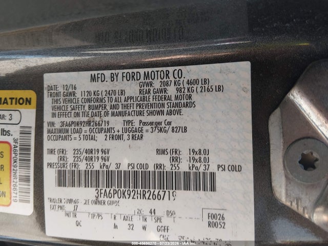 Aukcja sprzedaży 2017 Ford Fusion Platinum, vin: 3FA6P0K92HR266719, numer aukcji: 45698270