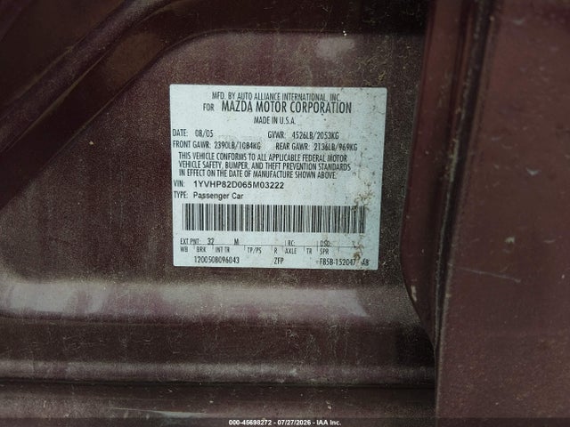 Aukcja sprzedaży 2006 Mazda Mazda6 S, vin: 1YVHP82D065M03222, numer aukcji: 45698272