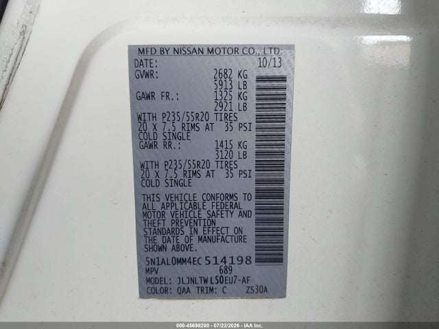 Продаж на аукціоні авто 2014 Infiniti Qx60, vin: 5N1AL0MM4EC514198, номер лоту: 45698280