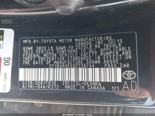 Продаж на аукціоні авто 2016 Toyota Corolla Le Plus, vin: 2T1BURHE6GC536744, номер лоту: 45698281