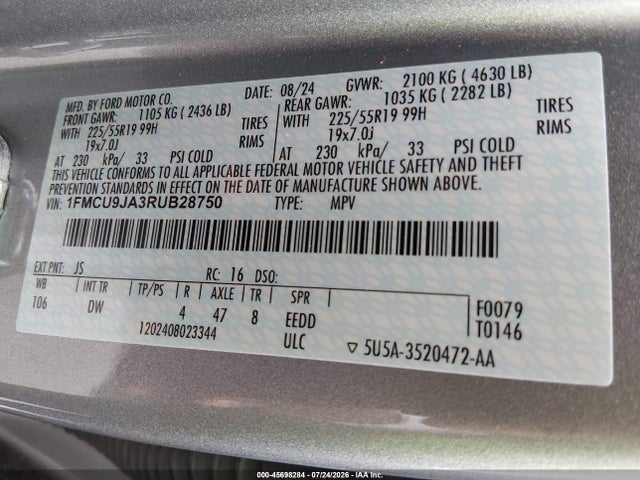 45698284 :رقم المزاد ، 1FMCU9JA3RUB28750 vin ، 2024 Ford Escape Platinum مزاد بيع