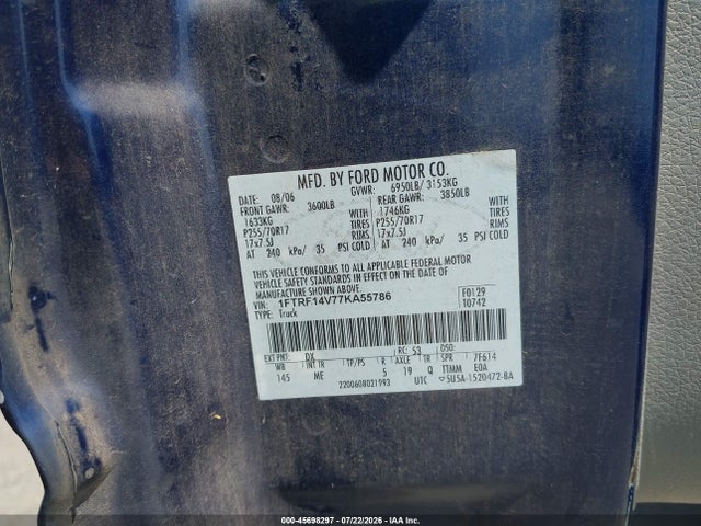 45698297 :رقم المزاد ، 1FTRF14V77KA55786 vin ، 2007 Ford F-150 Fx4/xl/xlt مزاد بيع