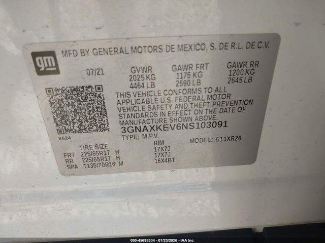 2022 Chevrolet Equinox Fwd Lt მანქანა იყიდება აუქციონზე, vin: 3GNAXKEV6NS103091, აუქციონის ნომერი: 45698304