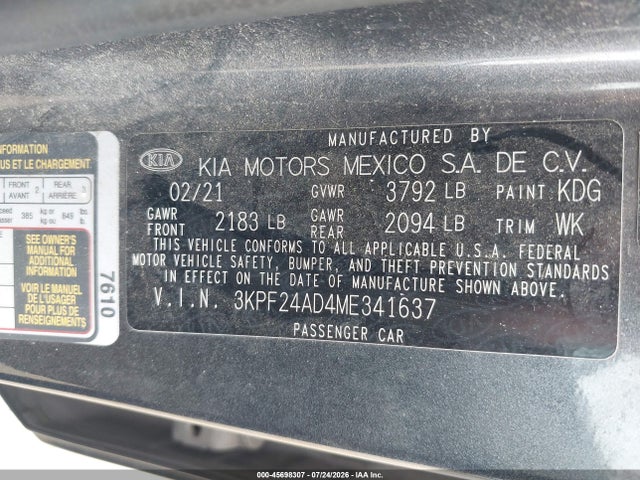 Aukcja sprzedaży 2021 Kia Forte Lxs, vin: 3KPF24AD4ME341637, numer aukcji: 45698307