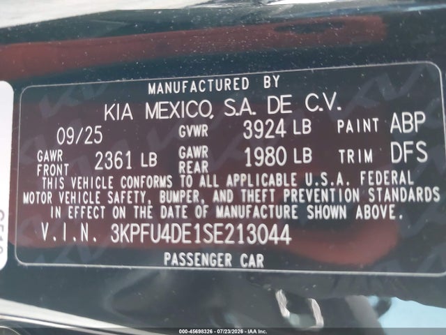 45698326 :رقم المزاد ، 3KPFU4DE1SE213044 vin ، 2025 Kia K4 Ex مزاد بيع