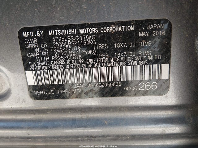 Aukcja sprzedaży 2016 Mitsubishi Outlander Es, vin: JA4AD2A36GZ050835, numer aukcji: 45698332