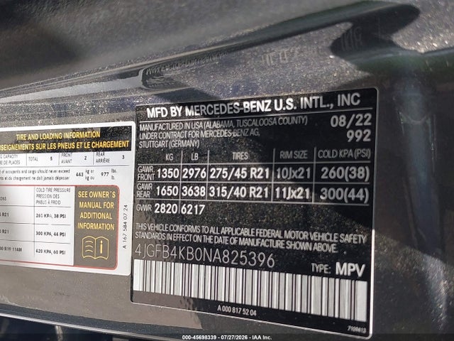 45698339 :رقم المزاد ، 4JGFB4KB0NA825396 vin ، 2022 Mercedes-benz Gle 350 4matic مزاد بيع