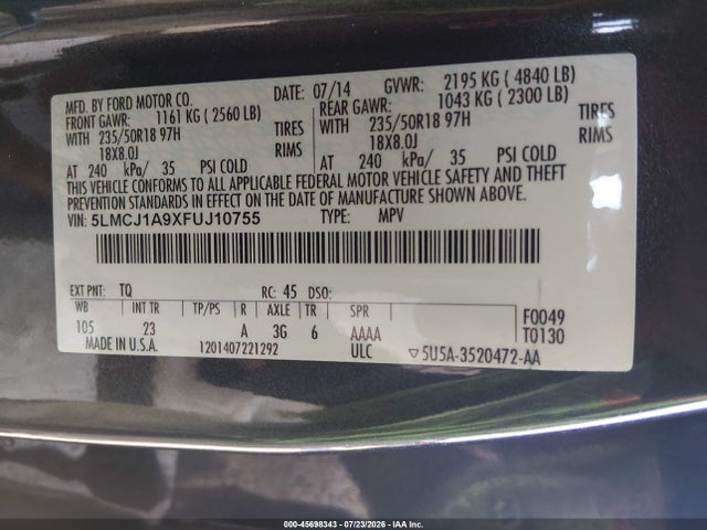 45698343 :رقم المزاد ، 5LMCJ1A9XFUJ10755 vin ، 2015 Lincoln Mkc مزاد بيع