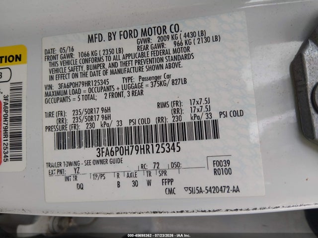 2017 Ford Fusion Se მანქანა იყიდება აუქციონზე, vin: 3FA6P0H79HR125345, აუქციონის ნომერი: 45698362