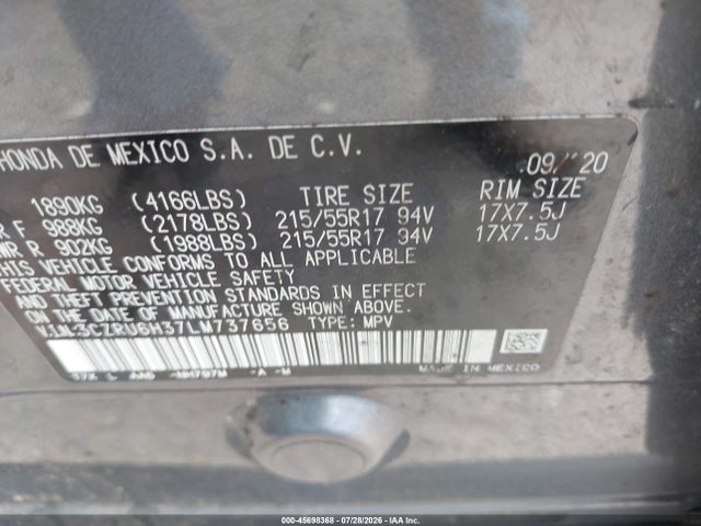 3CZRU6H37LM737656 Honda Hr-v Awd Lx