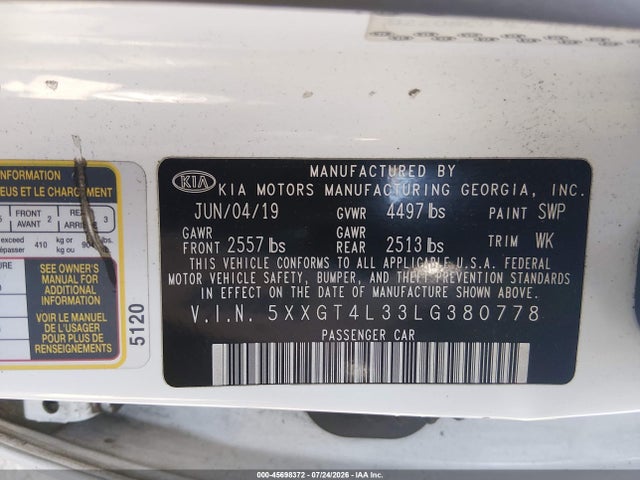 2020 Kia Optima Lx მანქანა იყიდება აუქციონზე, vin: 5XXGT4L33LG380778, აუქციონის ნომერი: 45698372