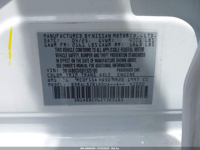 Auction sale of the 2025 Nissan Sentra Sv, vin: 3N1AB8CV6SY325185, lot number: 45698390