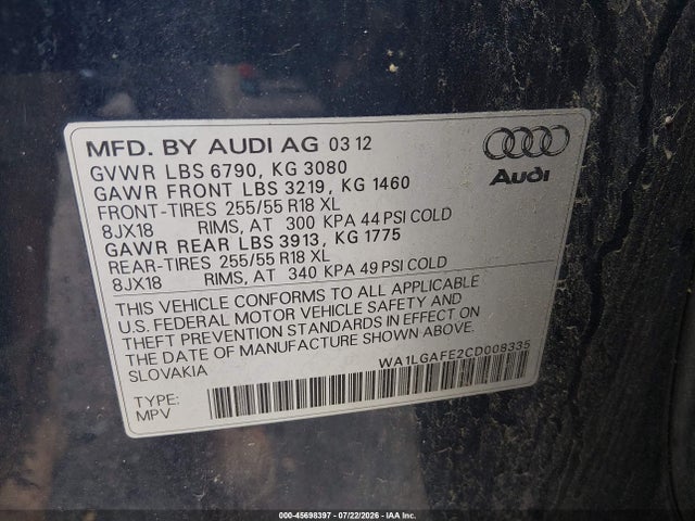 Продаж на аукціоні авто 2012 Audi Q7 3.0t Premium, vin: WA1LGAFE2CD008335, номер лоту: 45698397