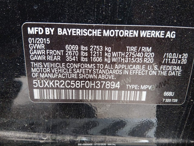 45698400 :رقم المزاد ، 5UXKR2C58F0H37894 vin ، 2015 Bmw X5 Sdrive35i مزاد بيع