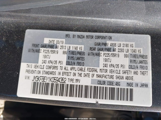 Aukcja sprzedaży 2019 Mazda Cx-5 Signature, vin: JM3KFBEY1K0594352, numer aukcji: 45698409