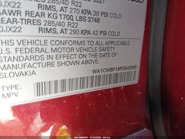 45698437 :رقم المزاد ، WA1CWBF18PD043585 vin ، 2023 Audi Sq8 Prestige Tfsi Quattro Tiptronic مزاد بيع
