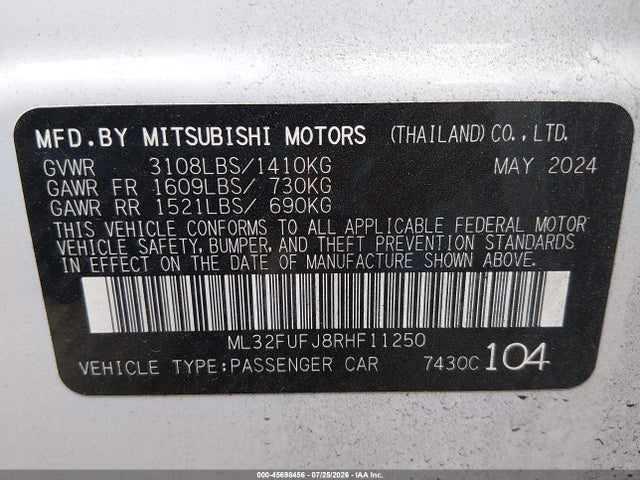 Aukcja sprzedaży 2024 Mitsubishi Mirage G4 Black Edition/es/le, vin: ML32FUFJ8RHF11250, numer aukcji: 45698456