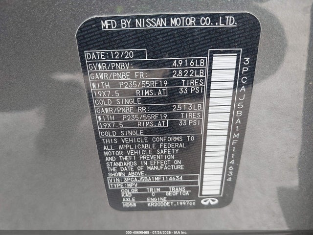 Продаж на аукціоні авто 2021 Infiniti Qx50 Luxe, vin: 3PCAJ5BA1MF114634, номер лоту: 45698469