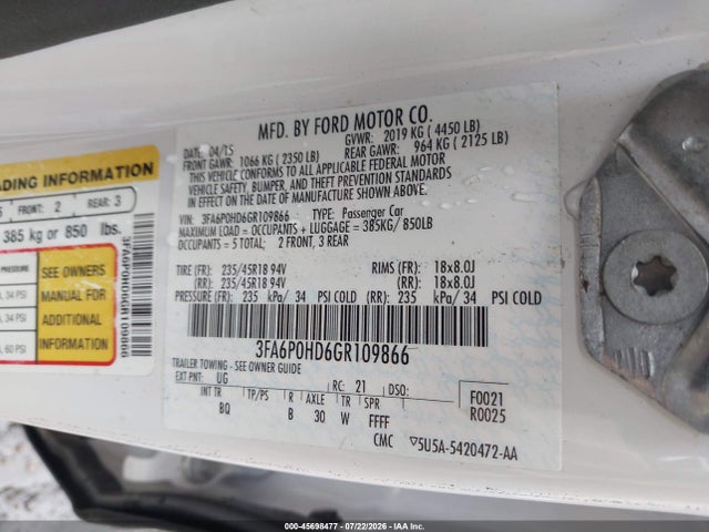Ford FUSION SE 2016 3FA6P0HD6GR109866 Image 9