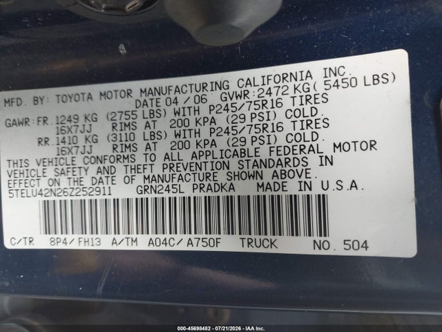 Auction sale of the 2006 Toyota Tacoma Base V6, vin: 5TELU42N26Z252911, lot number: 45698482