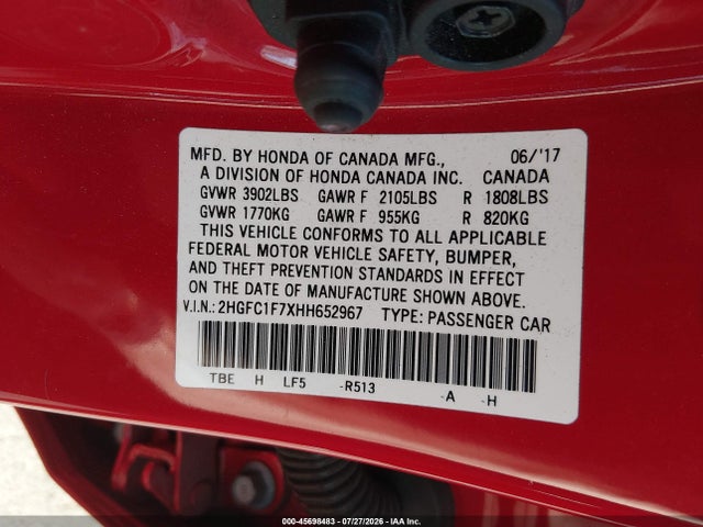 Honda Civic Ex-l 2017 2HGFC1F7XHH652967 Image 9