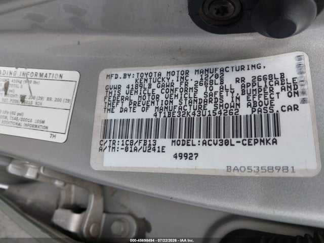 Продажа на аукционе авто 2003 Toyota Camry Le, vin: 4T1BE32K43U154262, номер лота: 45698494