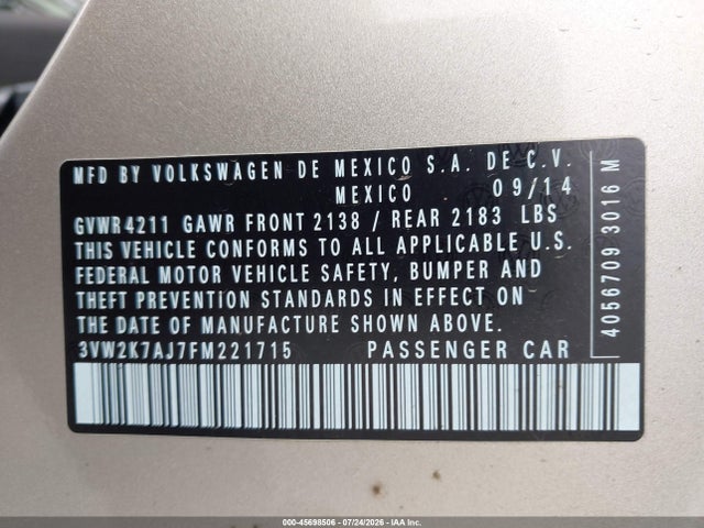 2015 Volkswagen Jetta 2.0l S მანქანა იყიდება აუქციონზე, vin: 3VW2K7AJ7FM221715, აუქციონის ნომერი: 45698506