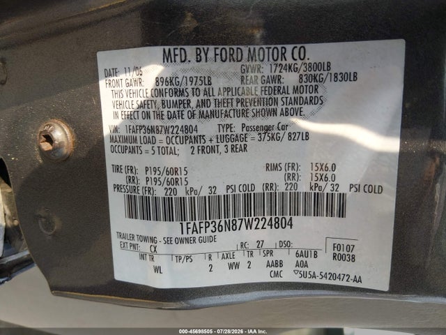 Auction sale of the 2007 Ford Focus Se/ses, vin: 1FAFP36N87W224804, lot number: 45698505