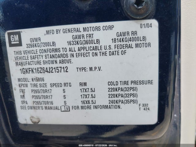 Продажа на аукционе авто 2004 Gmc Yukon Xl 1500 Slt, vin: 1GKFK16Z64J215712, номер лота: 45698510