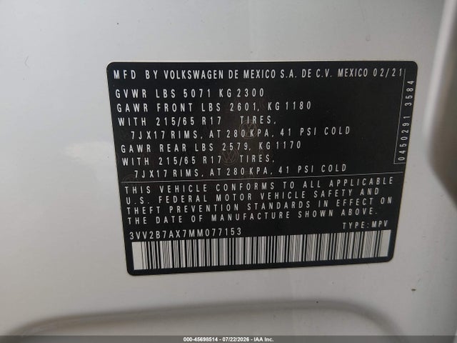 Продажа на аукционе авто 2021 Volkswagen Tiguan 2.0t Se/2.0t Se R-line Black/2.0t Sel, vin: 3VV2B7AX7MM077153, номер лота: 45698514